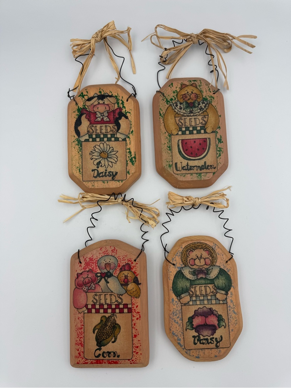 Lot 4 Primitive Wood Seed Packet Ornaments Wall Hangings Daisy Corn Pansy Waterm
